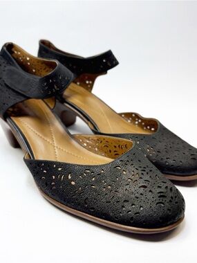 Easy Spirit Black Perforated Ankle-Strap Low Block Heels